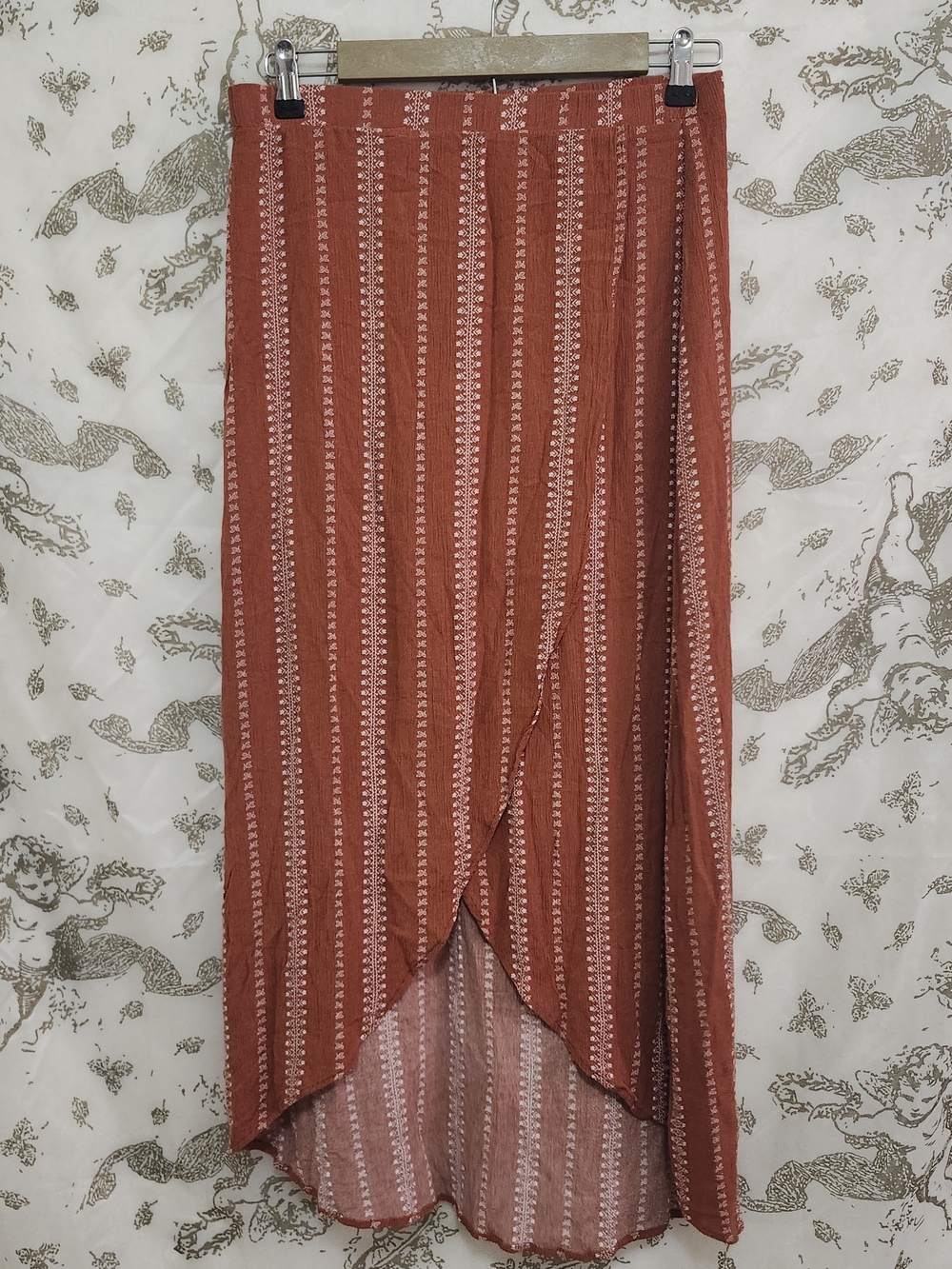 rue21 Boho Burnt Orange And White Floral Rayon Elastic Waist Midi Skirt M